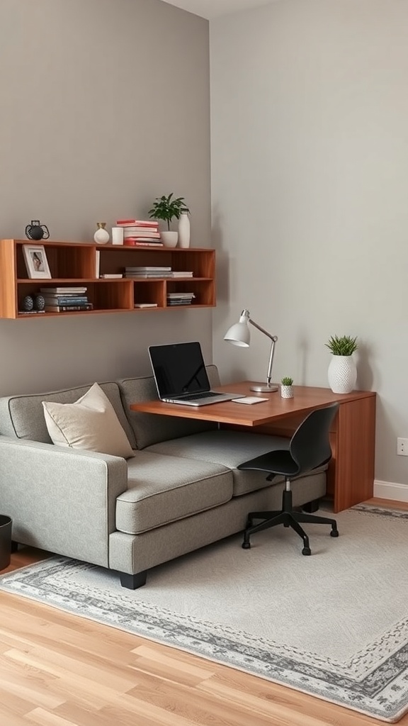 A cozy home office featuring a sleeper sofa with a built-in desk, laptop, and stylish decor.