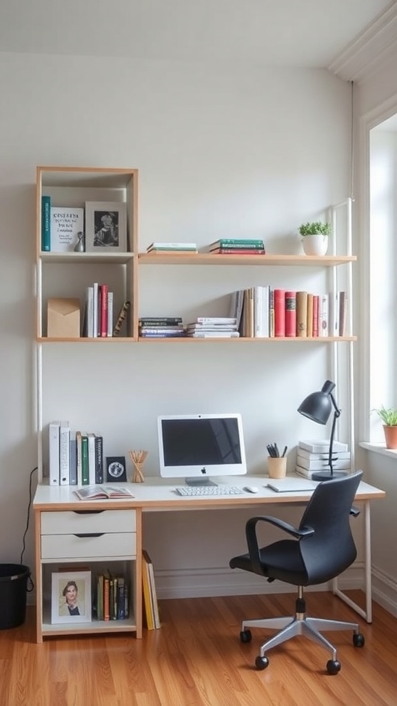 A modern bookshelf desk combo featuring shelves above a desk with a computer and office supplies.