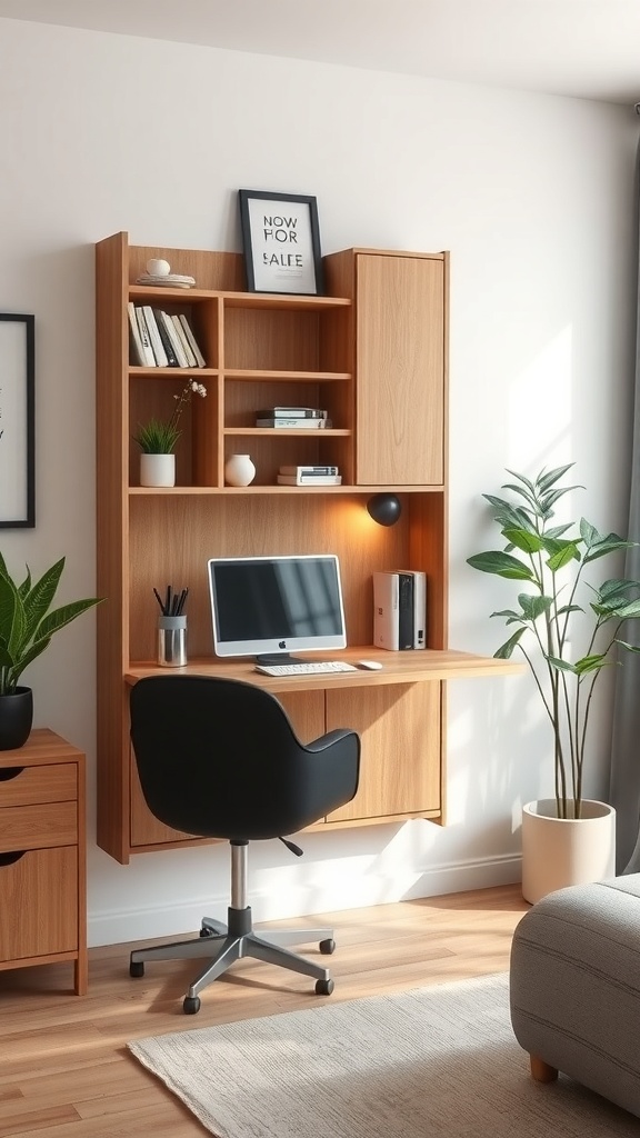 A stylish folding wall-mounted desk with shelves, a computer, and a comfortable chair in a cozy home office setting.