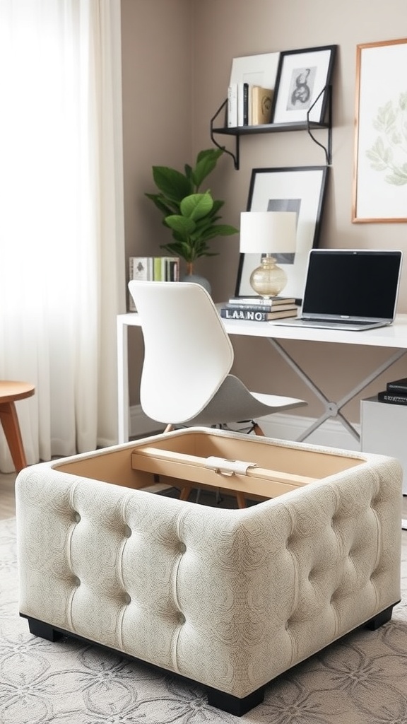 A stylish ottoman with hidden storage in a modern home office setting.