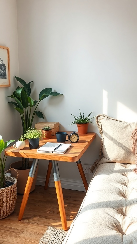 A cozy sofa table setup with plants, a clock, and a notebook.