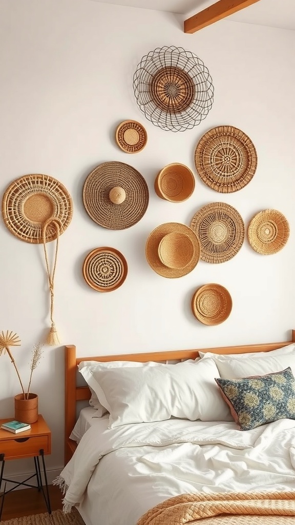 A decorative display of woven wall baskets in various sizes and shapes on a white wall above a bed.