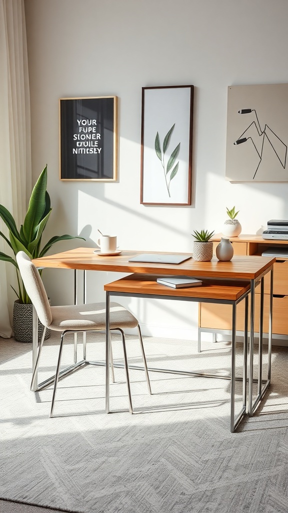 A cozy home office featuring nesting tables, a chair, and decorative plants.