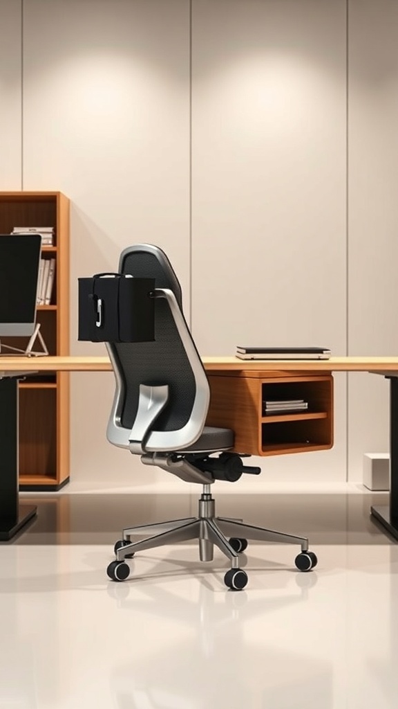 A modern office chair with integrated storage, positioned in a sleek workspace.