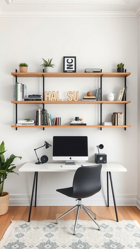 A modern home office featuring wall-mounted shelves above a sleek desk with a computer and stylish decor.