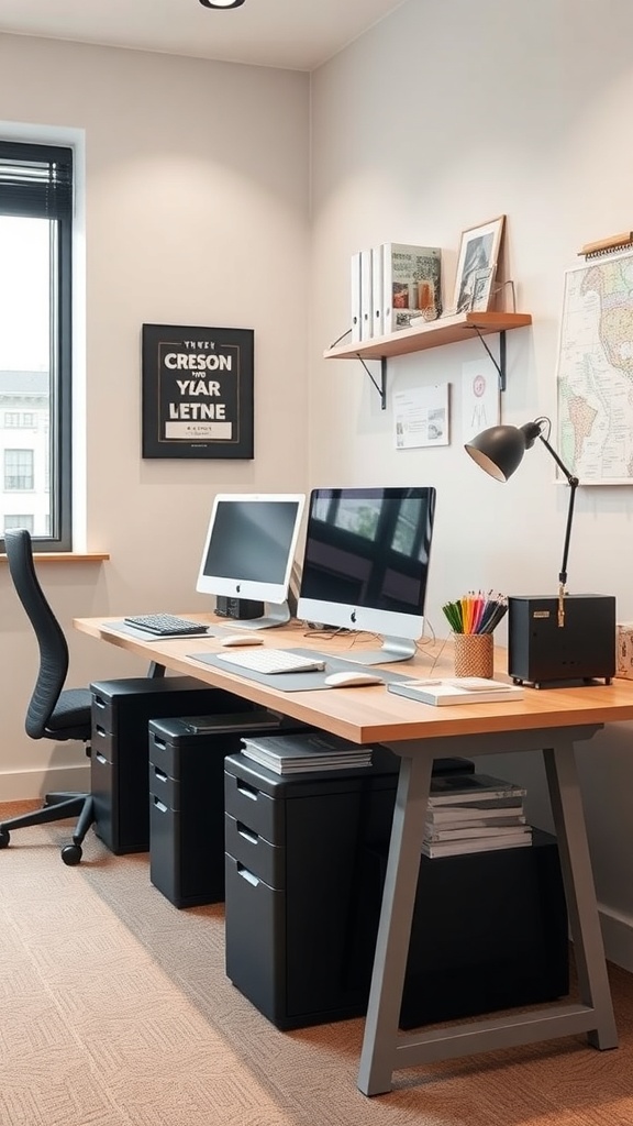 A modern home office with a wooden desk, dual monitors, and under-desk storage solutions.
