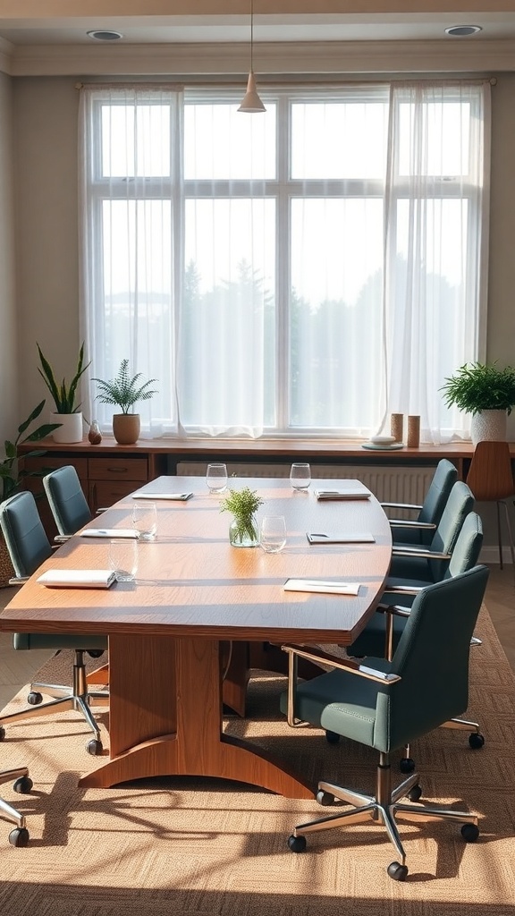 A modern conference table surrounded by chairs in a well-lit room with plants.