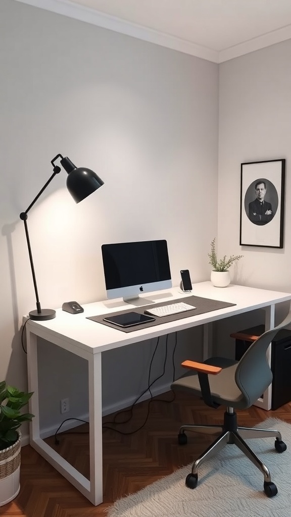 A modern home office desk with a built-in charging station, computer, and stylish lamp.