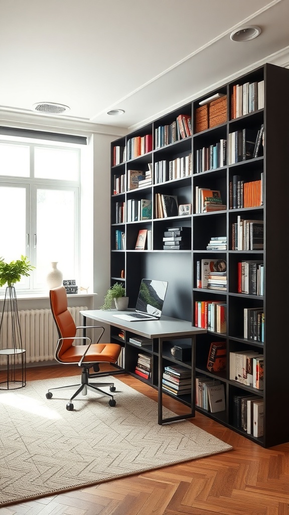 A stylish home office featuring a room divider with bookshelves and a desk.
