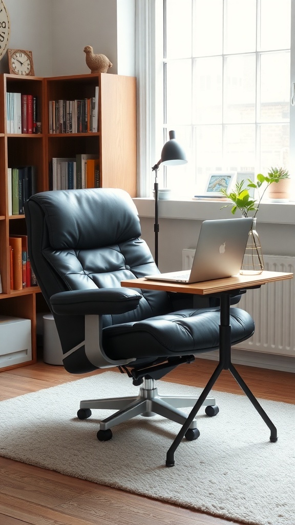 A comfortable recliner chair with a laptop table in a bright home office setting.