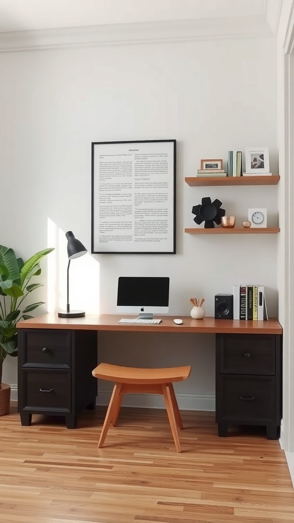 A home office featuring a desk with storage drawers and a wooden bench.