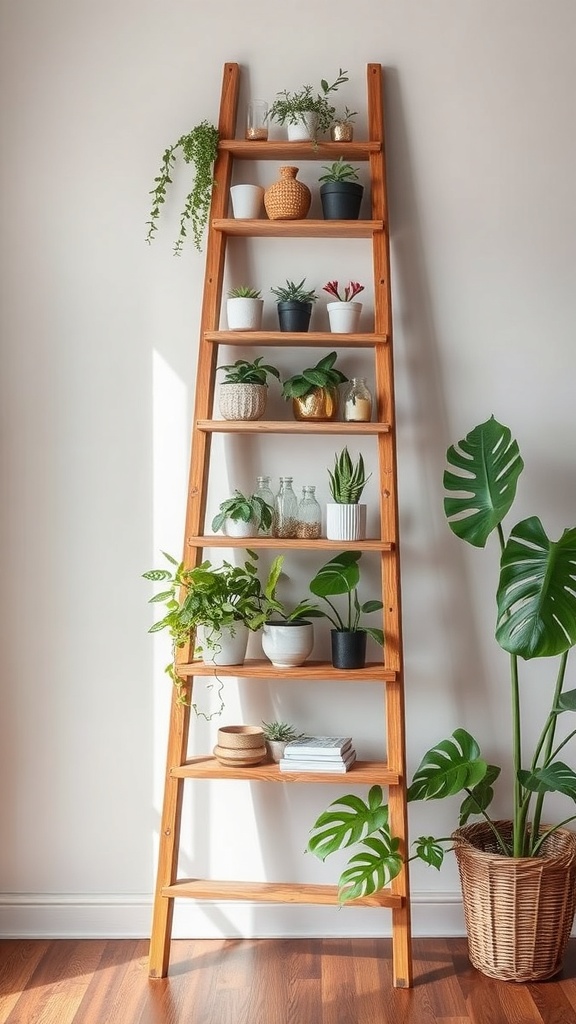 A wooden ladder shelf with plants and decorative items.