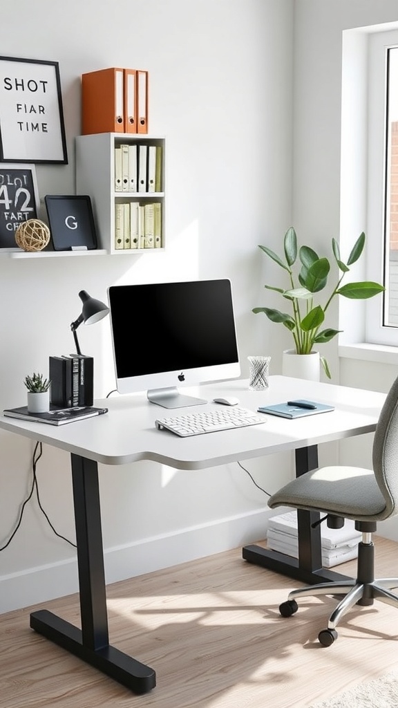 A modern desk with a pull-out keyboard tray, featuring a computer, books, and a plant.