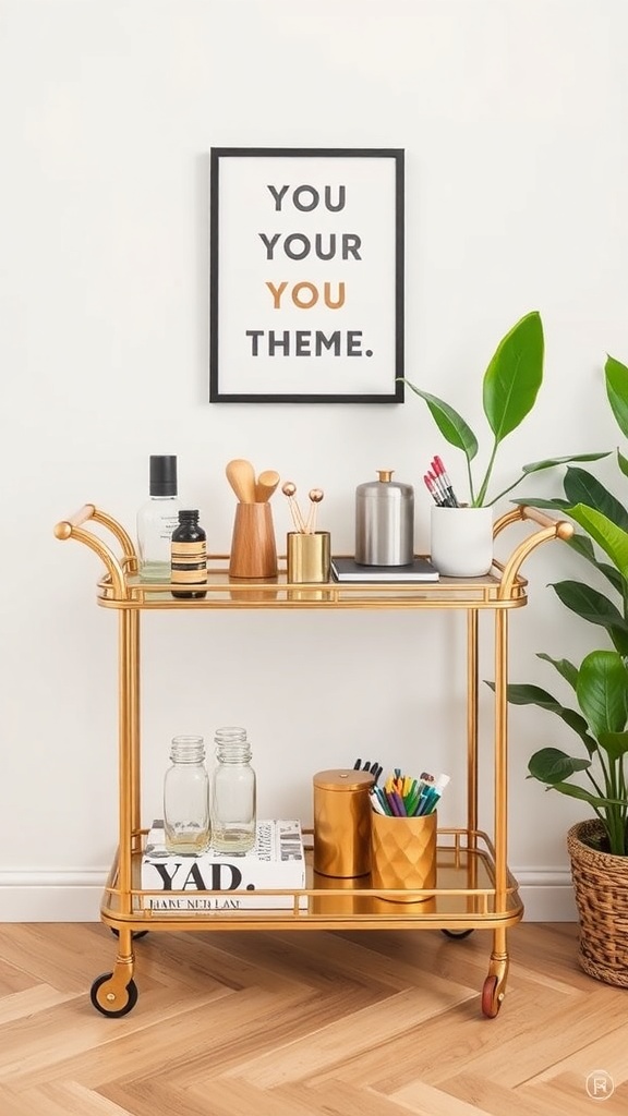 Stylish gold bar cart with office supplies and a plant