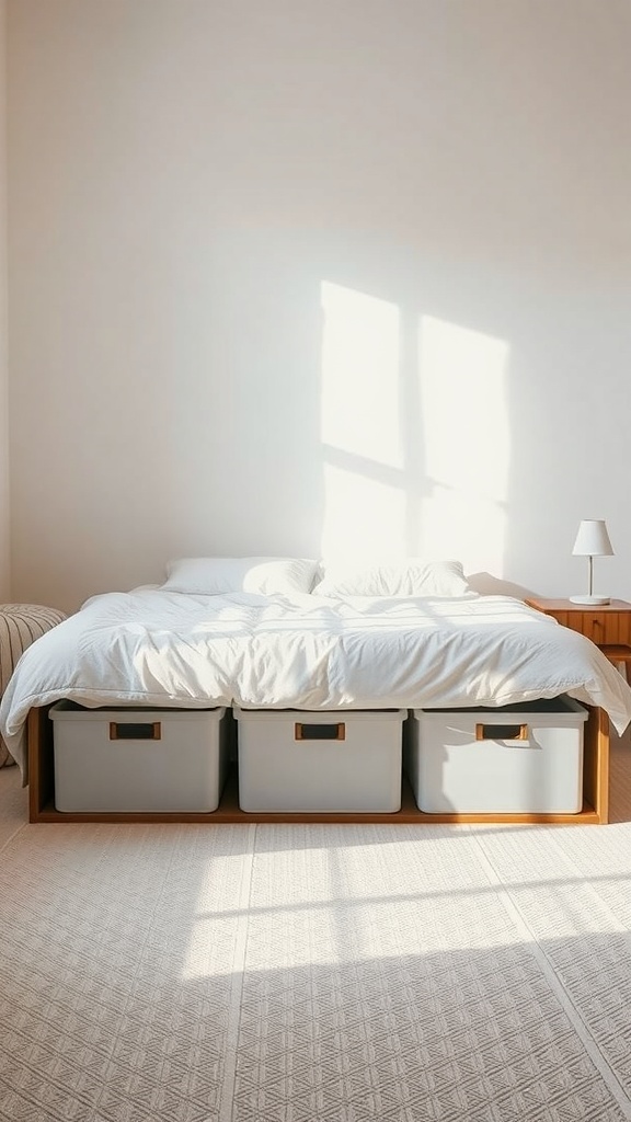 A cozy bedroom with a bed and storage bins underneath.