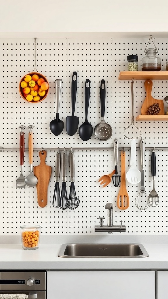 A pegboard wall organizer displaying various kitchen utensils and a bowl of fruits.