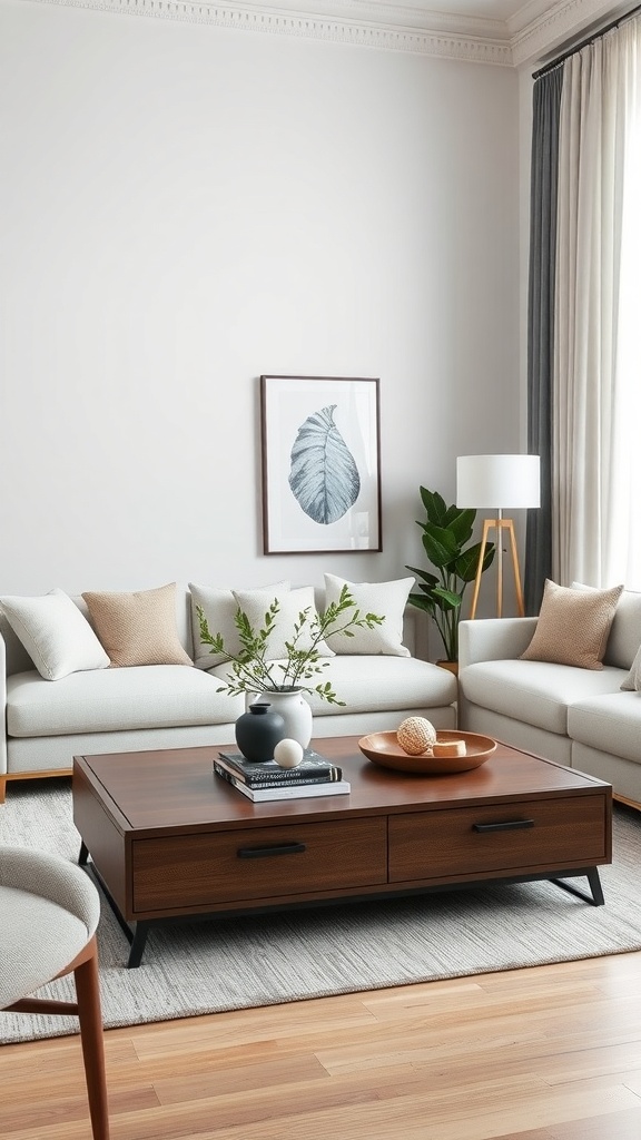 A modern living room with a stylish coffee table featuring storage drawers, surrounded by comfortable sofas and decorative elements.