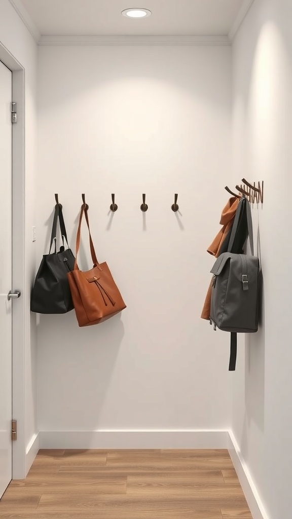 Minimalist wall hooks with bags hanging on them in a clean, modern space.