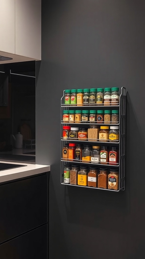A magnetic spice rack mounted on a wall, displaying various spice jars and containers.