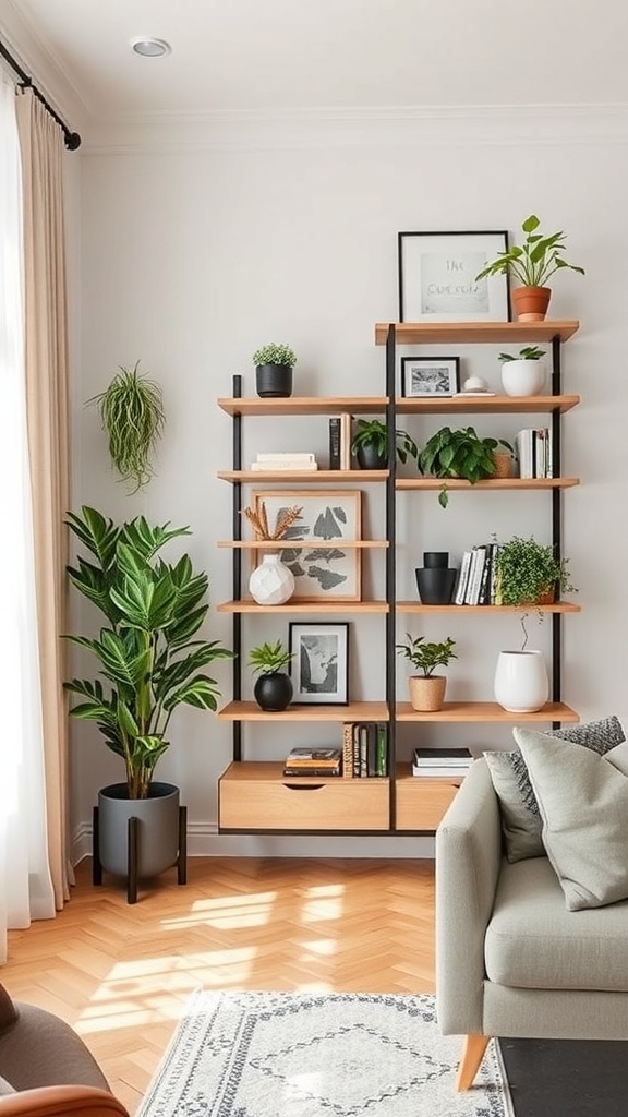 A stylish vertical plant shelf with various plants and books, enhancing the room's decor.