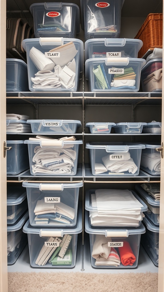 Organized closet with clear storage bins labeled for easy identification.
