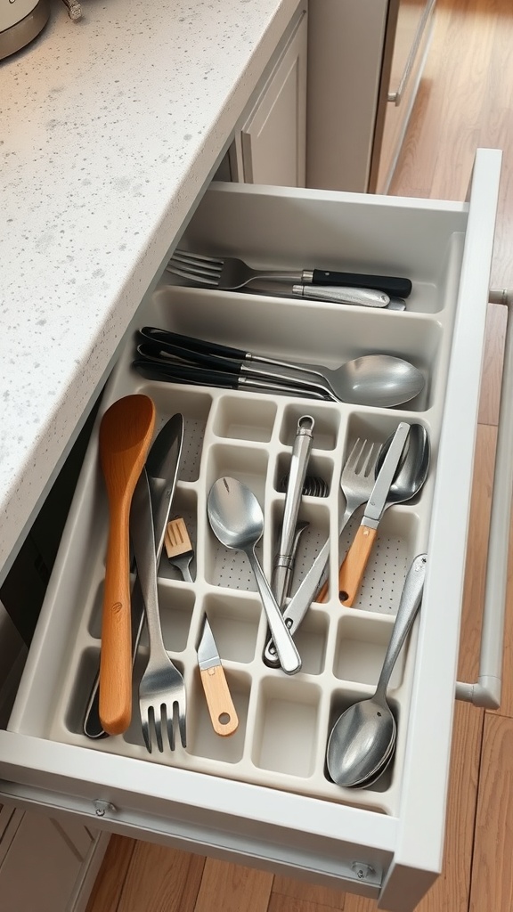 A neatly organized kitchen drawer with dividers holding various utensils.