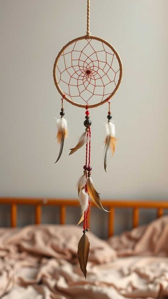 A handmade dreamcatcher with feathers and beads hanging above a bed.