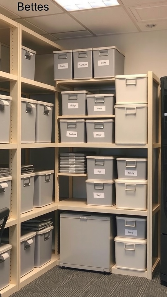 A neat arrangement of labeled storage boxes on shelves.