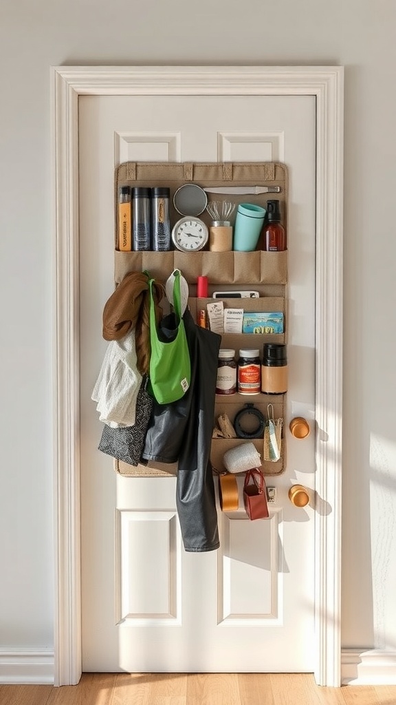 An over-the-door organizer filled with various items like bottles, bags, and a clock.