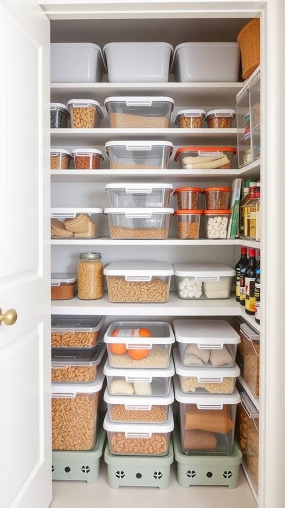 A neatly organized pantry with stackable storage containers filled with various food items.