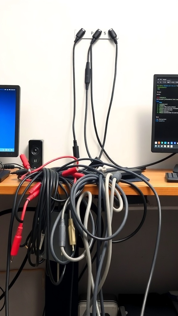 A messy collection of cables on a desk with two monitors