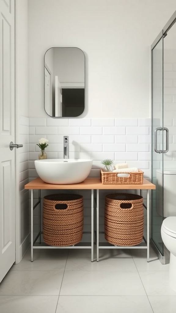 A modern bathroom with a wooden table holding a round sink, a small plant, a basket with towels, and two woven storage baskets underneath.