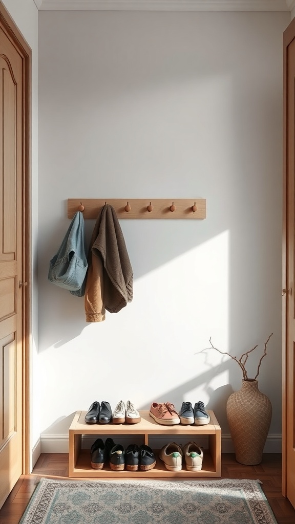 A minimalist shoe storage rack with various shoes neatly arranged underneath a wall-mounted coat rack.