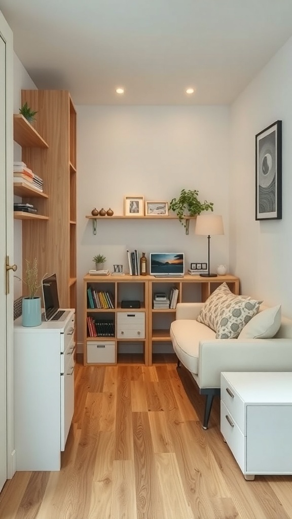 A cozy room featuring compact furniture, including a foldable table and a stylish couch.