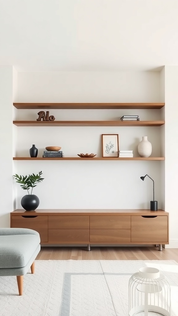 A minimalist living room with floating wooden shelves displaying books and decorative items.