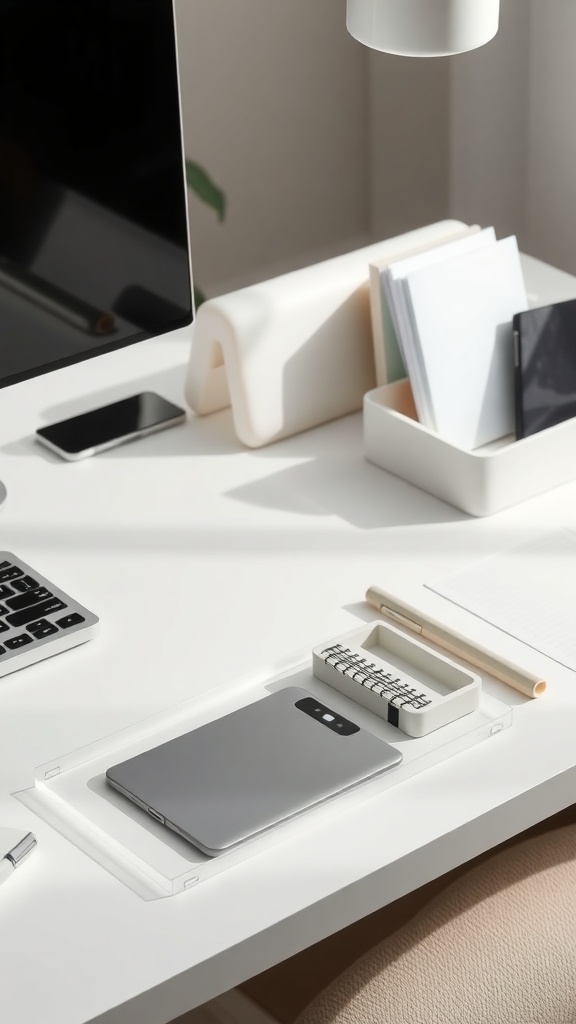 A minimalist desk setup with a laptop, notebooks, and a pen holder.