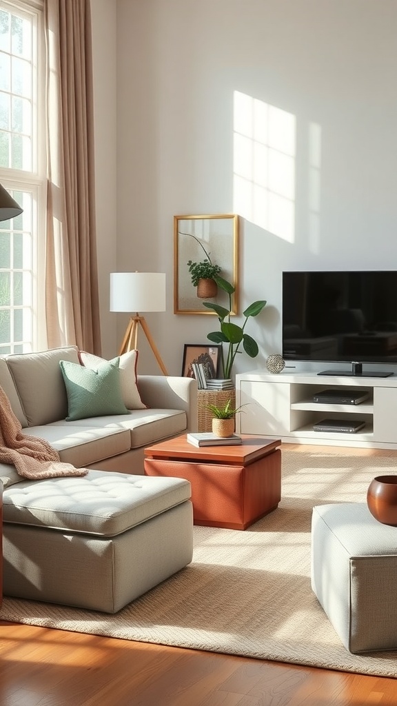 A cozy living room featuring foldable storage ottomans in a minimalist design.