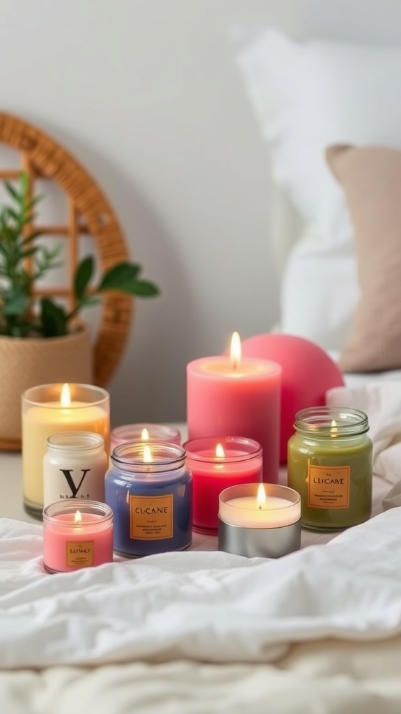A collection of colorful scented candles on a bed with soft linens.