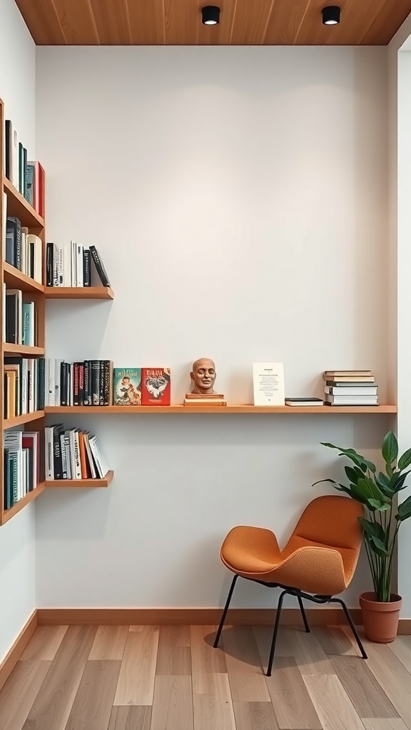 A cozy reading nook featuring wall-mounted shelves filled with books, a small bust, and a plant next to an orange chair.