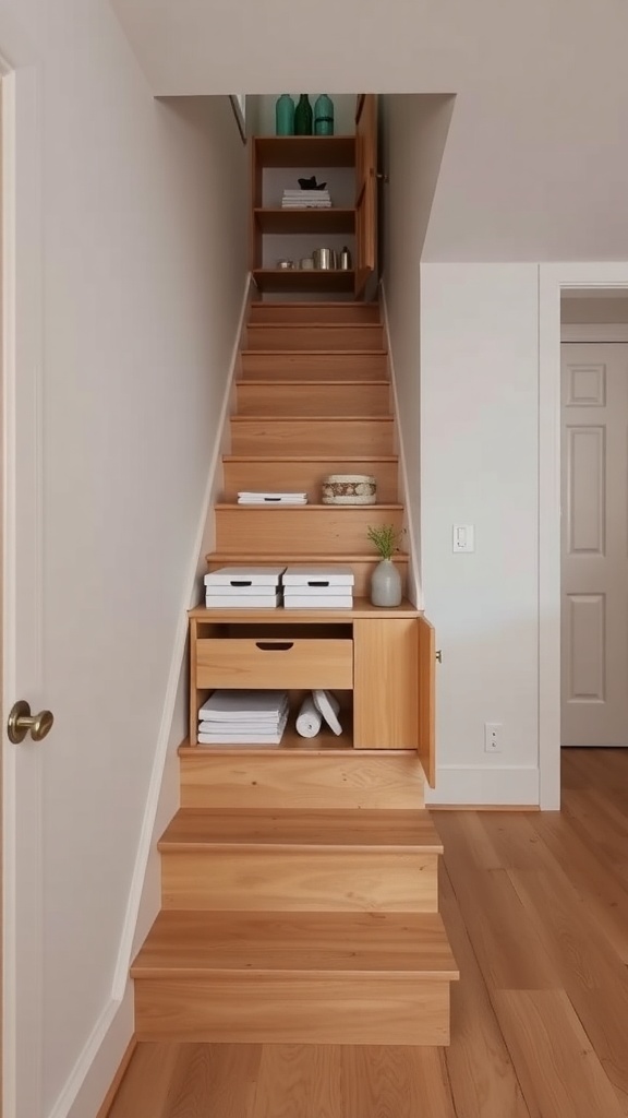 A staircase with hidden storage drawers and shelves.