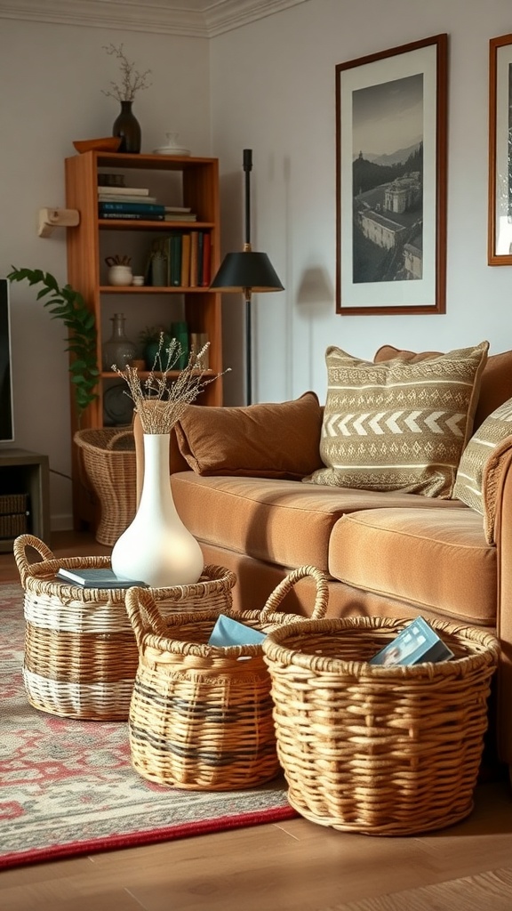 A cozy living room with woven baskets for storage, a sofa, and decorative items.