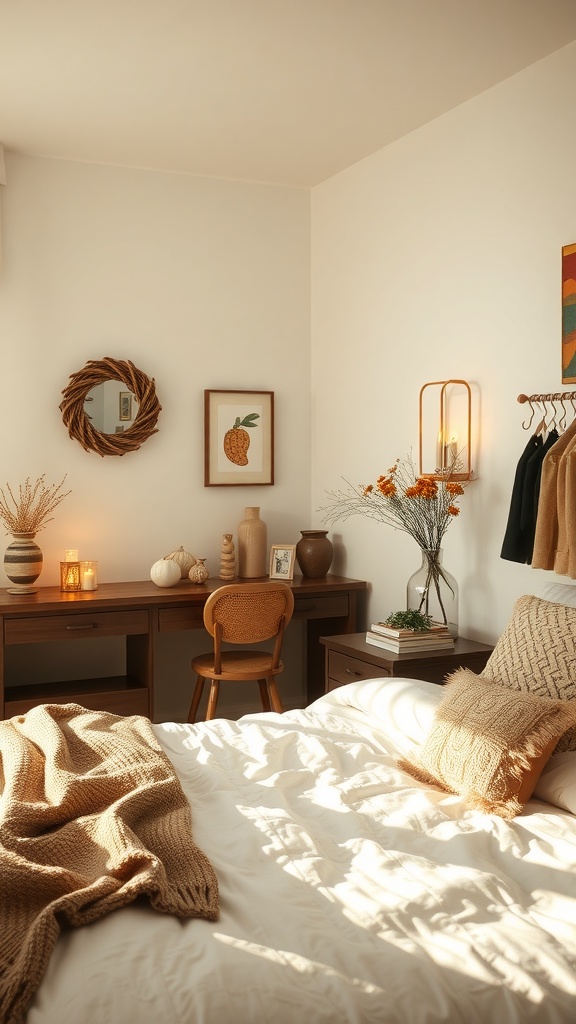 A cozy bedroom with seasonal decor, featuring warm tones and natural elements.