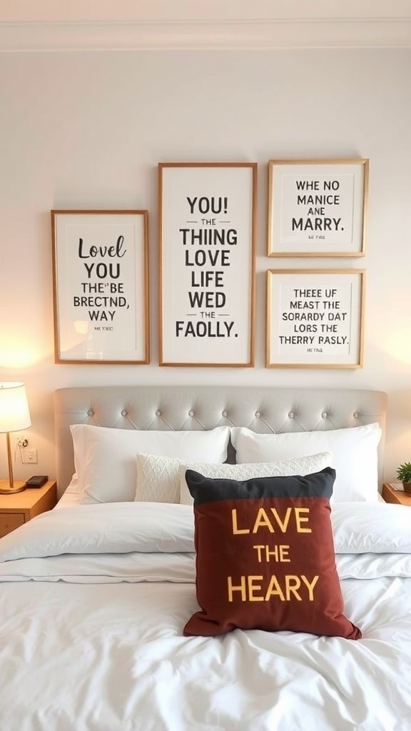 A modern bedroom featuring framed inspirational quotes on the wall above the bed.