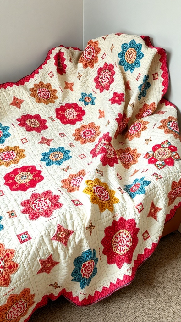 Colorful handmade quilt draped over a chair