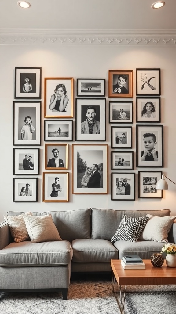 A cozy living room with a gallery wall featuring various framed black and white photos.