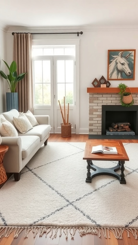A cozy living room featuring a neutral rug with a simple design, a comfortable sofa, and a warm fireplace.