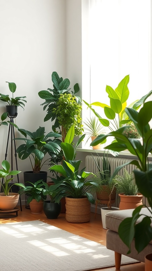 A cozy living room filled with various indoor plants, showcasing greenery and natural light.