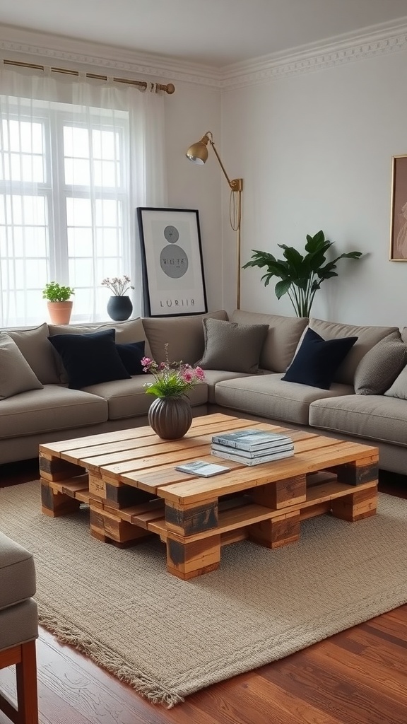 A cozy living room featuring a wooden pallet coffee table surrounded by a comfortable sofa and decorative plants.