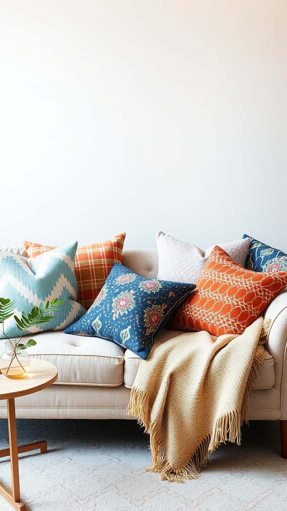 A cozy sofa adorned with various colorful throw pillows and a soft blanket.