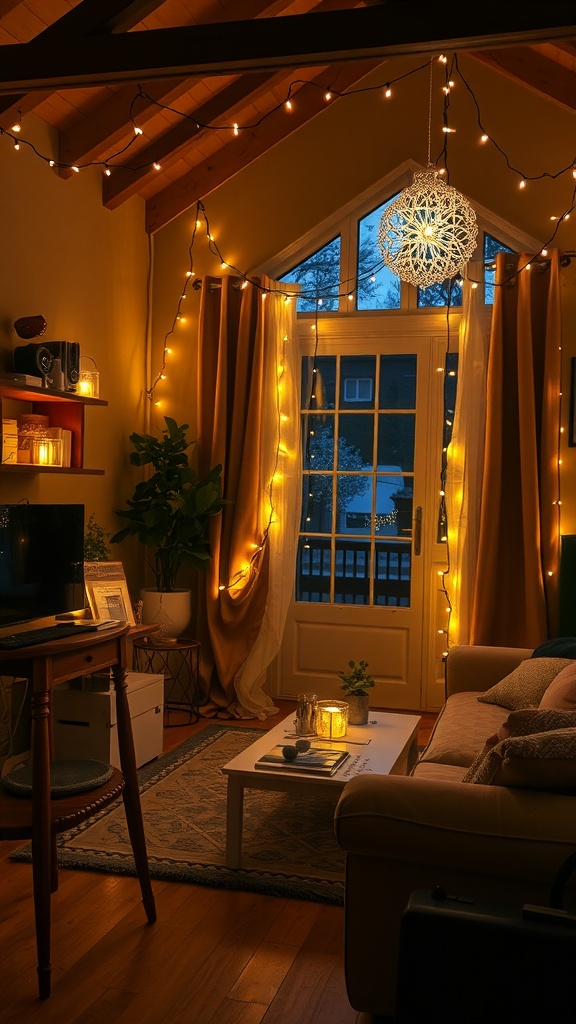 Cozy living room with string lights creating warm mood lighting.
